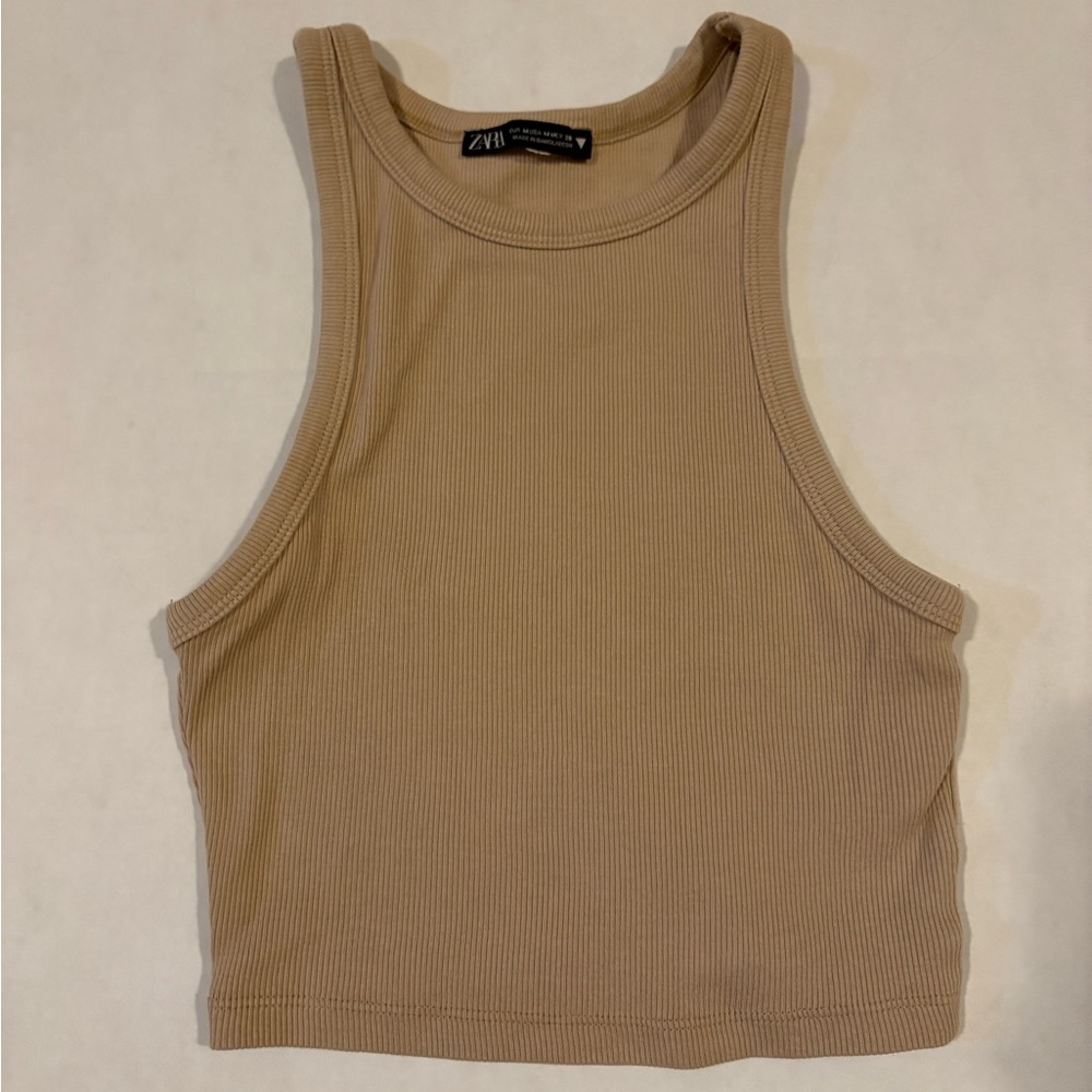 Zara Tan Halter Fitted Crop Tank Top